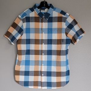 Columbia Blue and Orange Plaid Casual Button Down Shirt